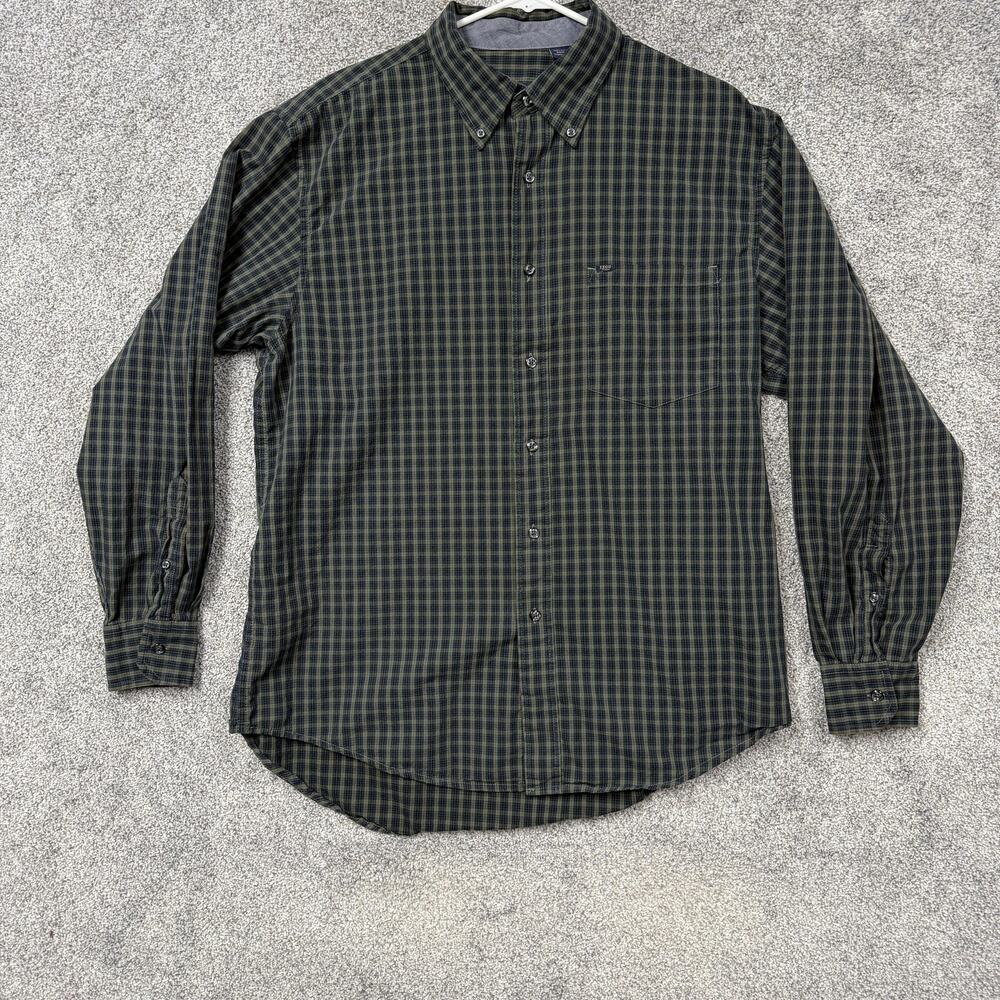 Vintage 90s Izod Jeans Button Down Shirt Mens L Green Blue Plaid Dark Academia